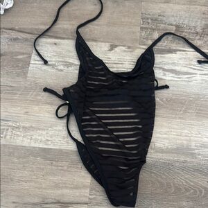 Malibu Strings- Modern Black Mesh Striped One-Piece Swimsuit